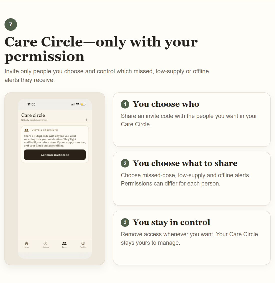 Care Circle invitation and permission cards: choose who, choose what to share, and stay in control