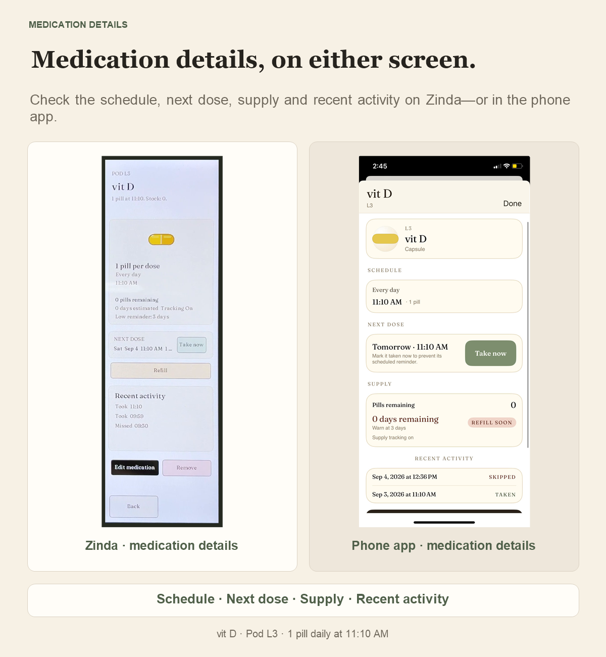 Matching Vitamin D medication details on the straightened real unit screen and supplied phone screenshot