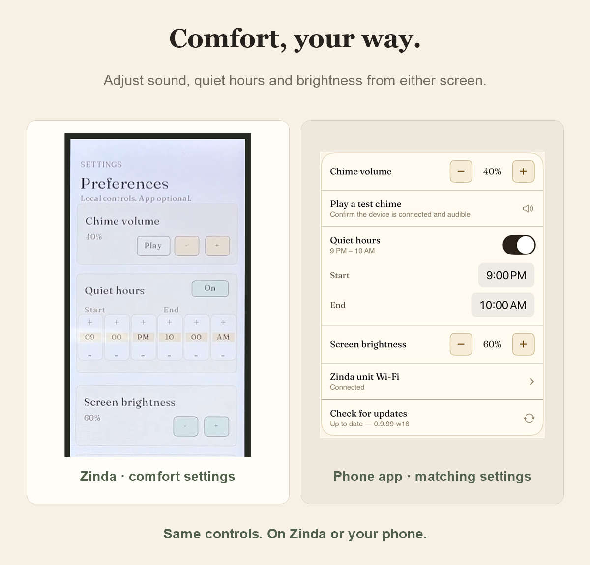 Matching comfort settings on the real Zinda screen and sharp phone app capture
