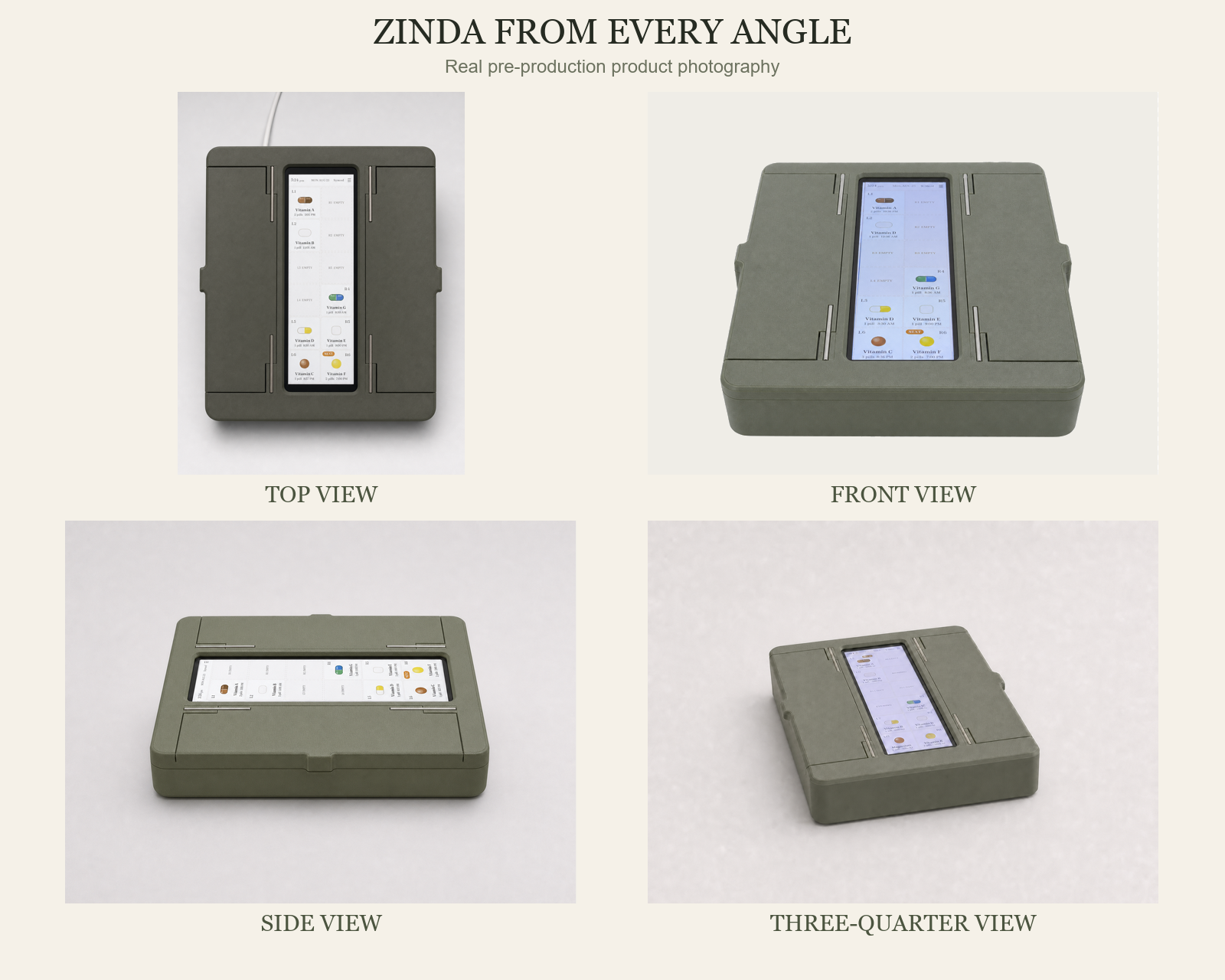 Real Zinda top, front, side and three-quarter views