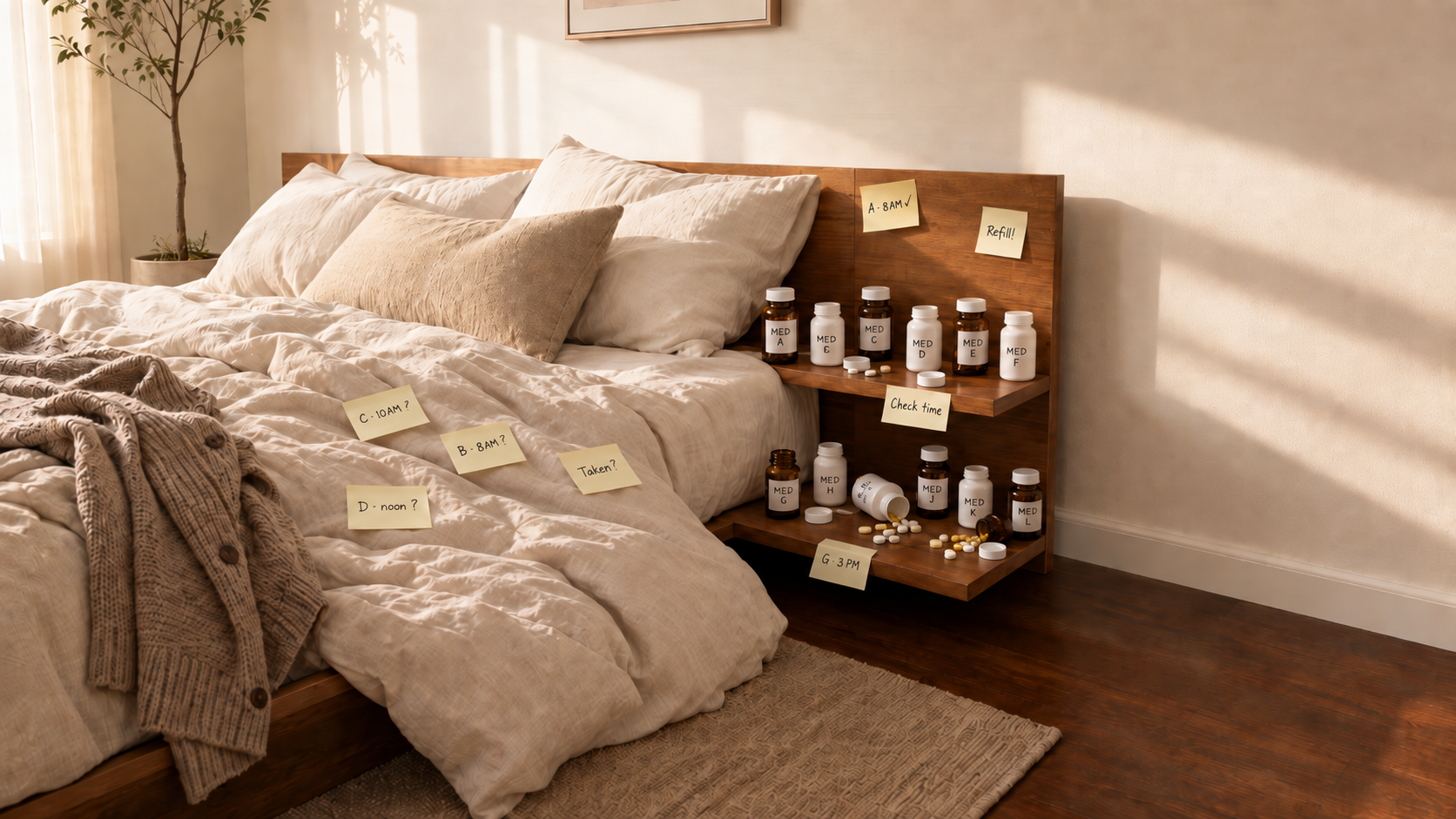 Bedroom before: medication bottles and notes