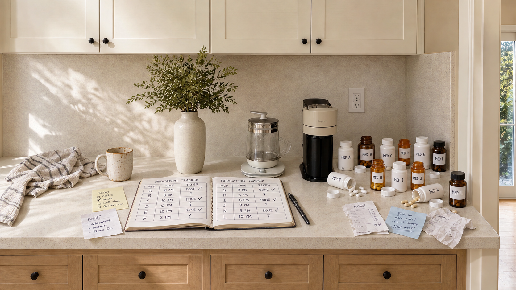 Kitchen before: medication bottles and notes