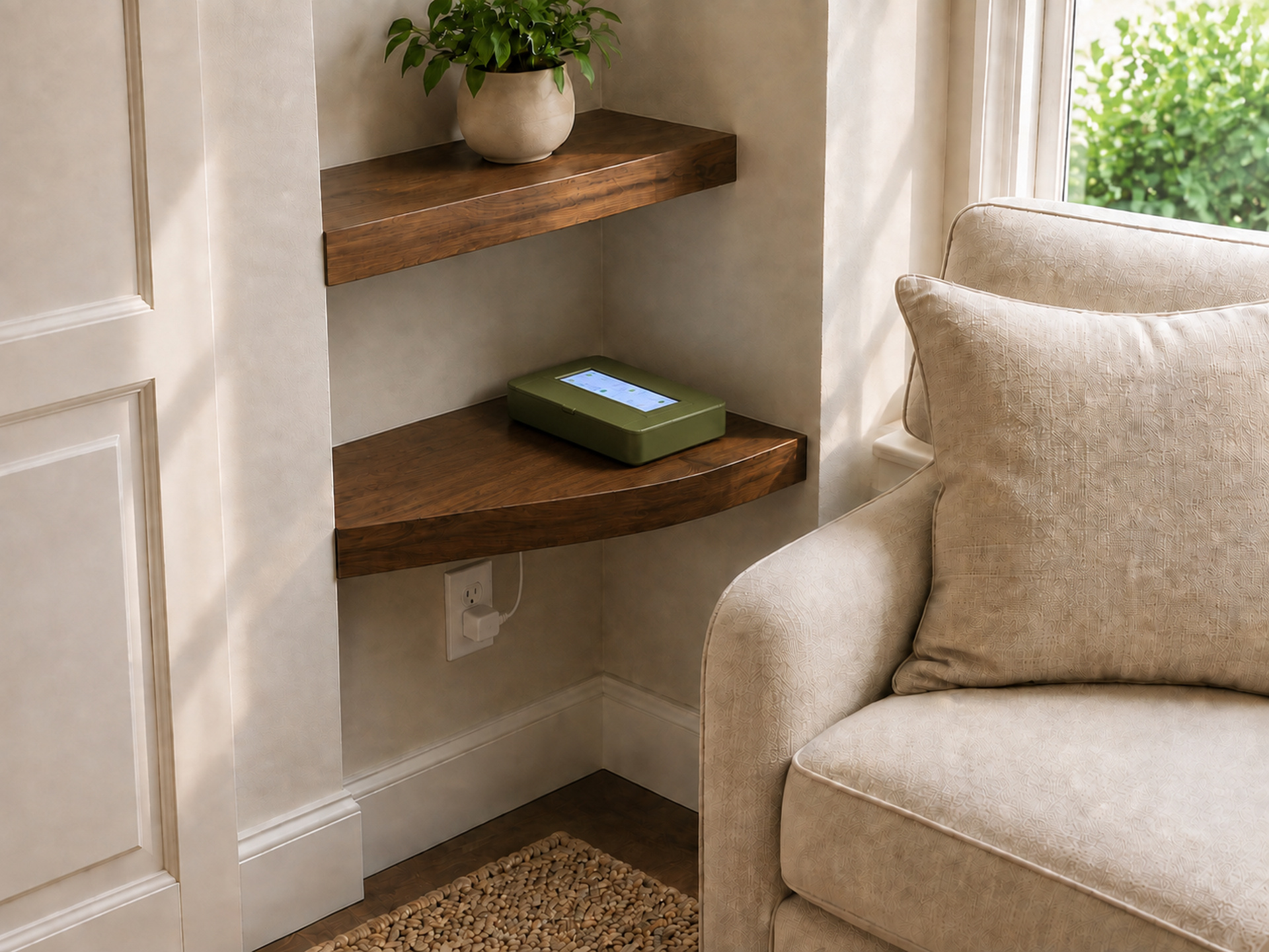 Living room after: medication routine organized with Zinda