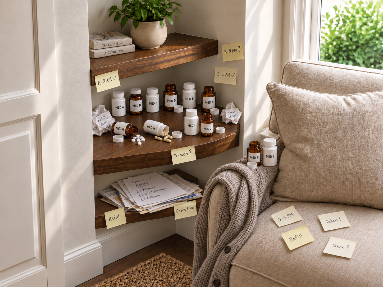 Living room before: medication bottles and notes