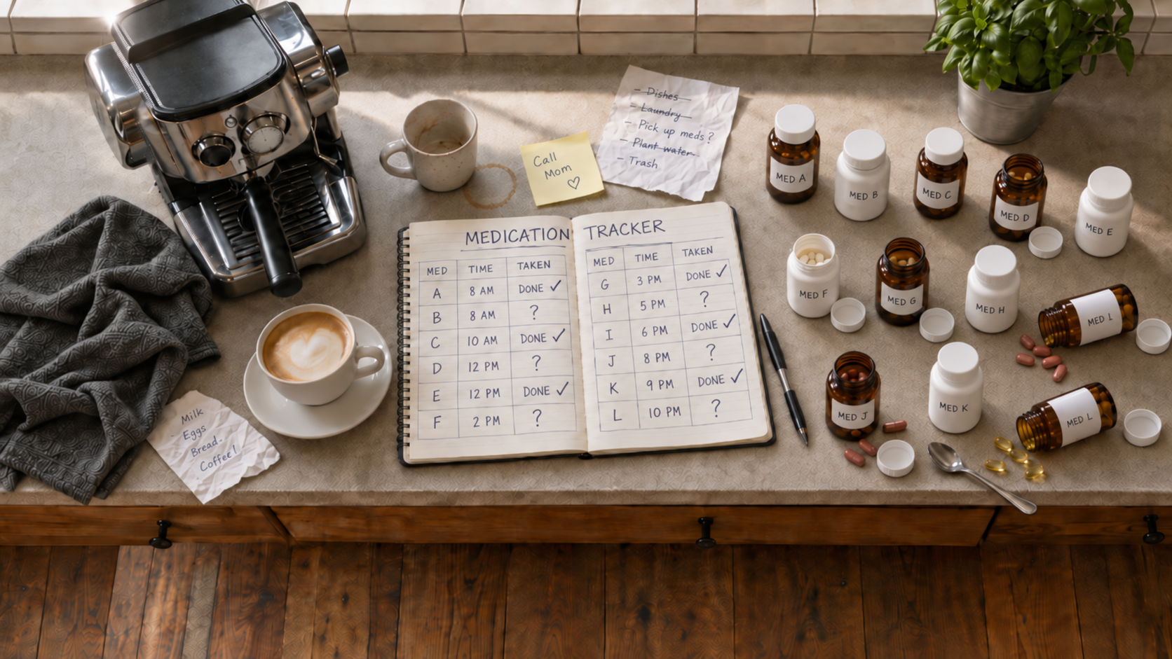 Kitchen overhead before: medication bottles and notes