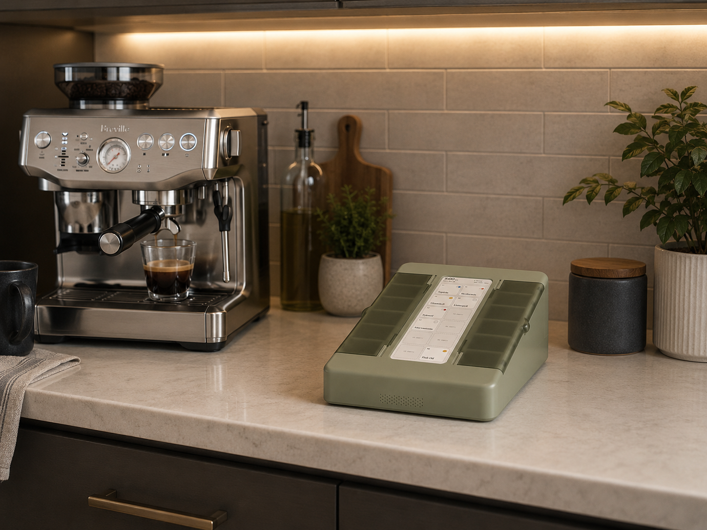 Zinda pill dispenser on a kitchen counter beside an espresso machine, twelve pods under clear lids, long display showing the day's doses